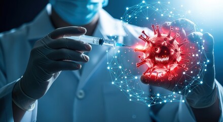 Scientist holding syringe toward virus model in medical research lab

