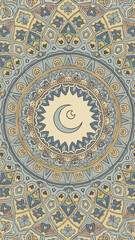 Intricate Islamic geometric pattern with a central crescent moon design in shades of blue, yellow, and beige on a symmetrical background.