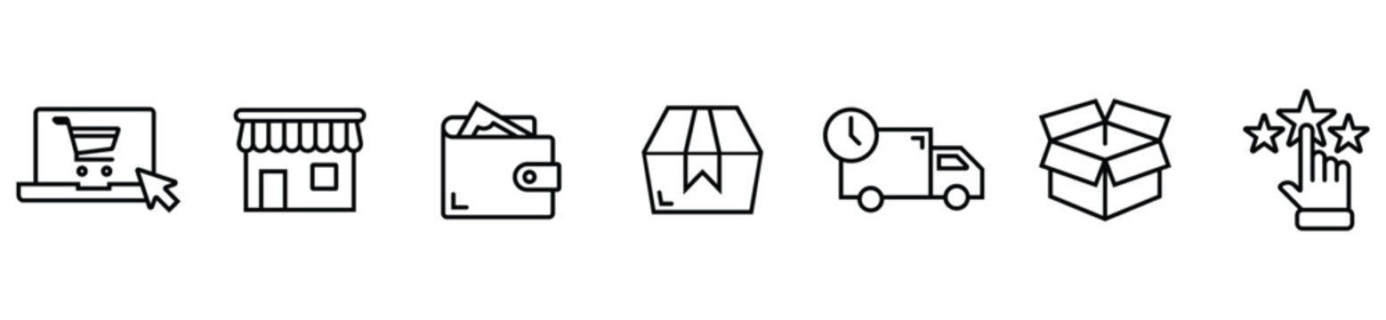E-commerce Order Tracking Stages. Illustrated icons showing online shopping delivery process from purchase to doorstep.
