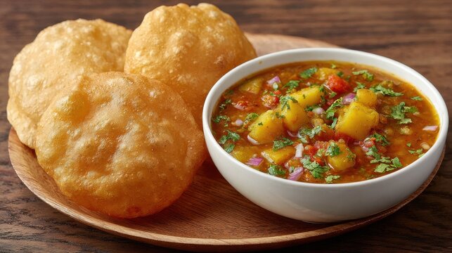 A wooden plate with three puffed puri, chole curry, and potatoes with cilantro on a dark textured background