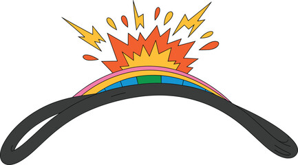Broken electric cable sparks rainbow explosion illustration, abstract power failure hazard concept isolated white background