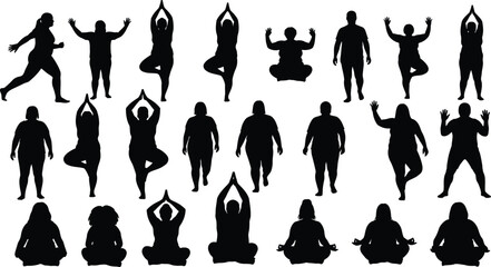 Diverse people practicing yoga and meditation in various poses