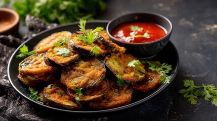 Fototapeta premium Fried Eggplant Slices with Chili Sauce and Cilantro on a Dark Plate