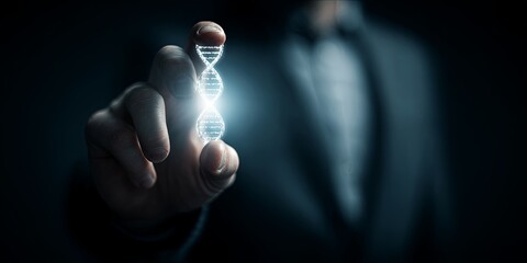 Clean, dark, moody atmosphere with a clean, single, harsh light on a focused hand holding a glowing, simple image of a DNA helix (high contrast genetic focus), extreme de