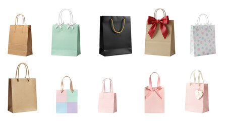 Various gift bags in different colors and styles arranged in two rows on a plain background