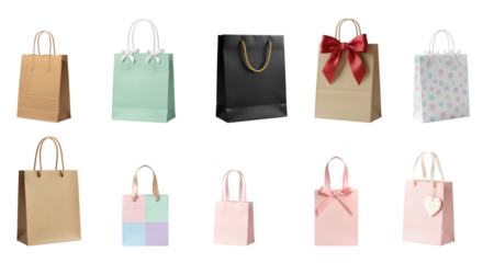 Various gift bags in different colors and styles arranged in two rows on a plain background