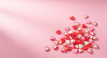 Red heart confetti on pink background with copy space