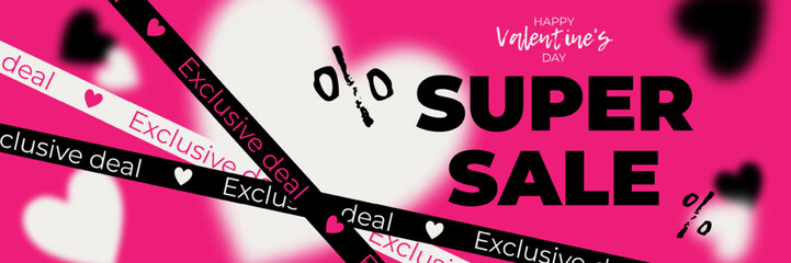 Valentine's Day sale banner design. Pink background with white blurred hearts, modern bright design.