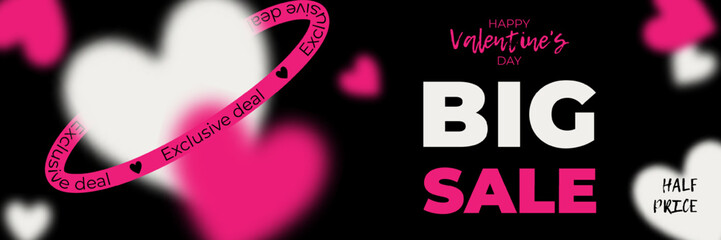 Valentine's Day sale banner. Black and white pink background with blurred hearts, modern bright design.
