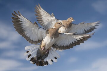 Obraz premium Gracious White-Winged Dove in Mid-Flight Against a Clear Blue Sky