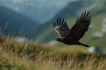 Obraz premium A majestic eagle soars gracefully over tall grasses, embodying freedom and strength while showcasing the beauty of wildlife in its natural habitat surrounded by mountains.