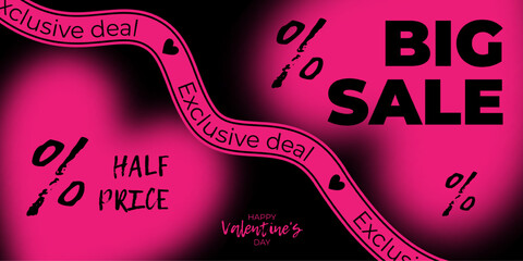 Valentine's Day sale banner template. Black background with pink blurred hearts, modern bright design.