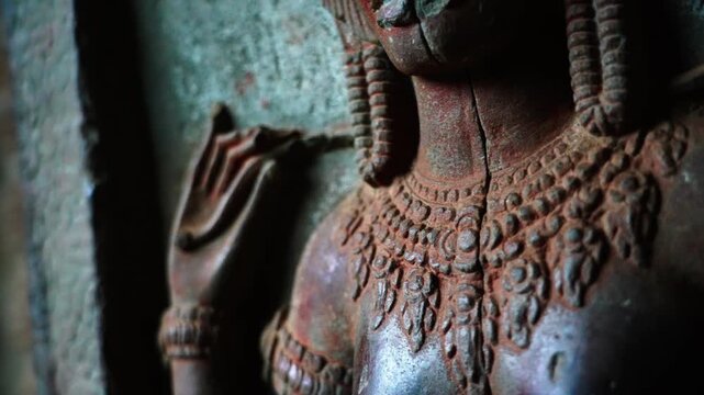 SIEM REAP, CAMBODIA - OCTOBER 27, 2025: Ancient Apsara Bas-Relief Carvings on Walls of Angkor Wat