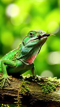 Chinese Water Dragon Eating an Insect While Perched on a Mossy Branch
