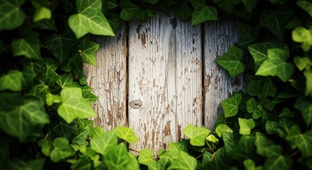 Green ivy heart frame surrounding rustic wooden door daylight
