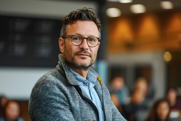 Obraz premium A motivated professional man stands at the front of a contemporary workspace, sharing insights with a focused audience. The environment is bright and engaging, fostering discussion