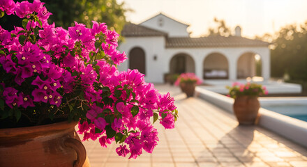 Pink bougainvillea flowers in a pot with a blurred villa and swimming pool at sunset