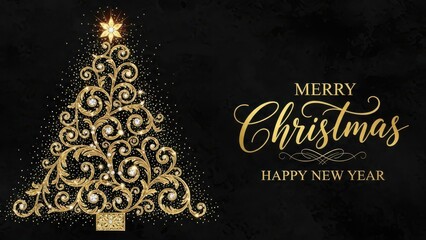 Merry Christmas and Happy New Year golden tree typography