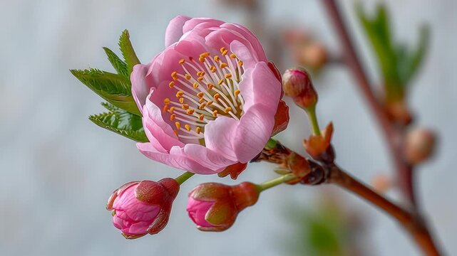 A pink flower with green leaves is on a branch. The flower is the main focus of the image, and it is surrounded by green leaves