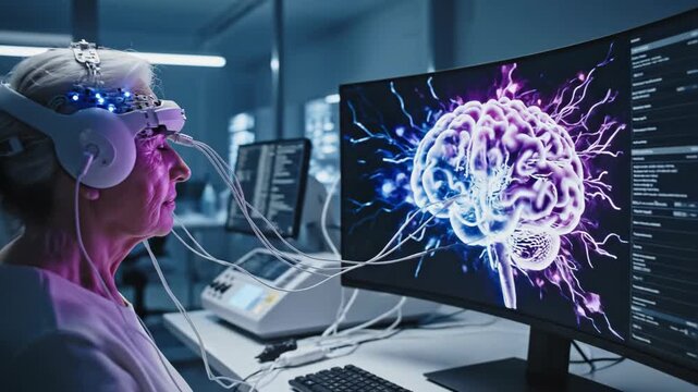 Woman with neural headset in high-tech lab. Screens show evolving brain neural activity from blue to pink. Futuristic mind-machine interface and cognitive technology concept.
