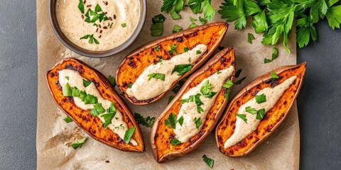 Halved baked sweet potatoes with creamy plant based sauce and fresh parsley. Delicious healthy vegan food arranged on brown paper, with a side bowl.