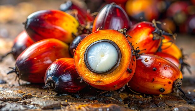 Ripe Palm Oil Fruits and Cut Kernel Close Up