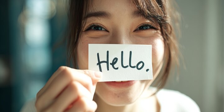 Clean, vibrant, high-key photo of a person smiling while holding up a simple, handwritten Hello World note (focused on the joy), first steps, learning, hyperrealism, 16K,