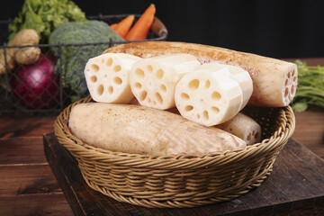 Fresh Lotus Root with Holes in Basket, Honghu Hubei
