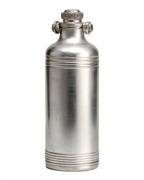Isolated Cryogenic Dewar Flask: Sleek Metal Reservoir Thermos Bottle on White Background