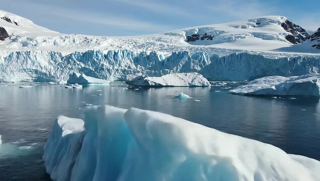 Experience the sublime grandeur of the Antarctic glaciers towering over the frigid sea.