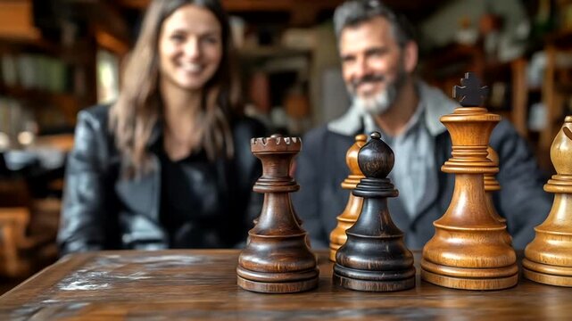 Couple Smiling Behind Chess Pieces Ready for Game.