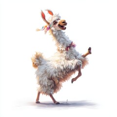Obraz premium Joyful Dance of a Lively Llama: Detailed Character Portrait of a Cheerful, Happy Mammal in Motion on a Clean White Background
