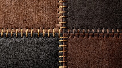 Fototapeta premium Patchwork leather and fabric texture with gold stitching