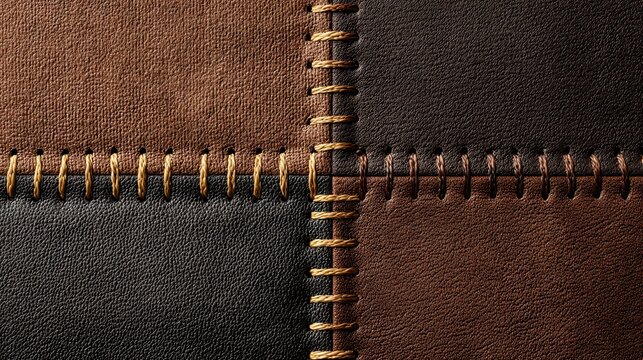 Patchwork leather and fabric texture with gold stitching