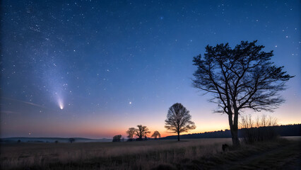 comet night sky dawn landscape silhouette trees stars gradient horizon peaceful nature scene