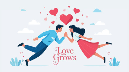 Fototapeta premium Man and woman in romantic scene with hearts floating around them in pastel sky