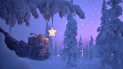 Close-up. A hand wearing a woolen glove is hanging a golden star on a pine branch. The background is blurred warm light and falling snowflakes. Or, it could be two hands holding a gift box tied with a