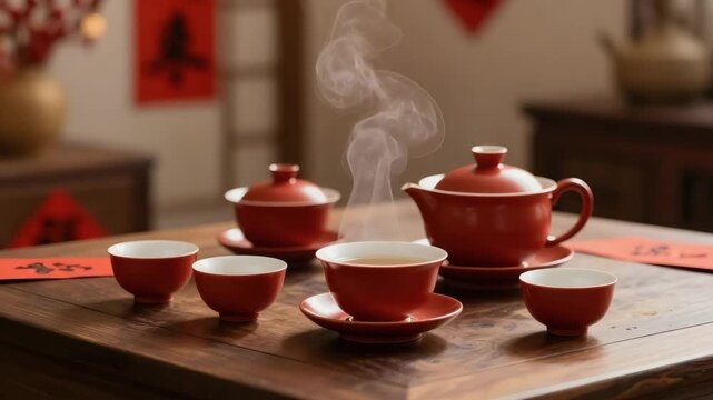 Traditional Chinese tea set with serene ceremonial mood steaming on wooden table against warm interior background with copy space