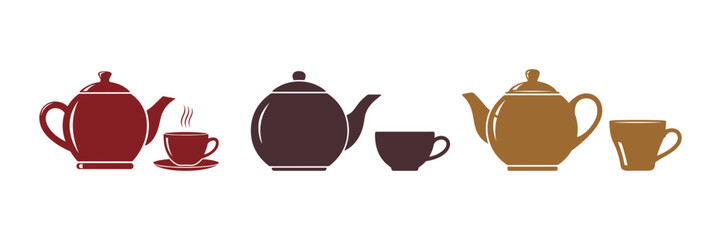 A colored icon featuring a teapot and cup set against a plain background, designed in a flat style. Vector illustration.