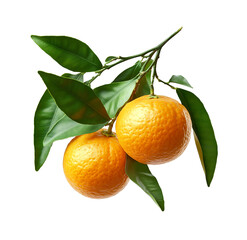 Three fresh Oranges on branch with green leaves on transparent background