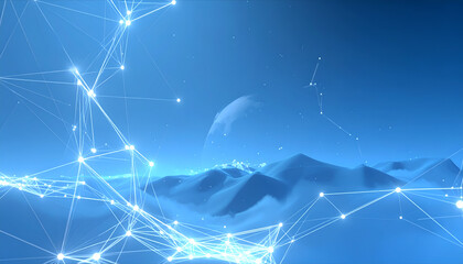 Abstract digital network connections over a mountain landscape background.