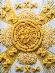 Colorful Pasta Shapes Arrangement on Wooden Surface