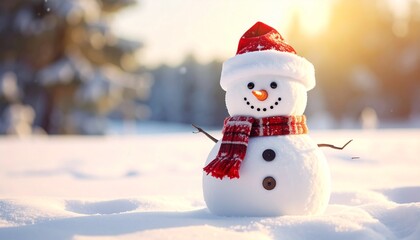 Obraz premium A smiling snowman in Santa hat and checkered scarf standing in snowy sunset landscape with warm glow.