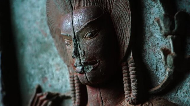SIEM REAP, CAMBODIA - OCTOBER 27, 2025: Ancient Apsara Bas-Relief Carvings on Walls of Angkor Wat