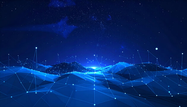 Abstract digital landscape with glowing dots and lines in blue. - Powered by Adobe