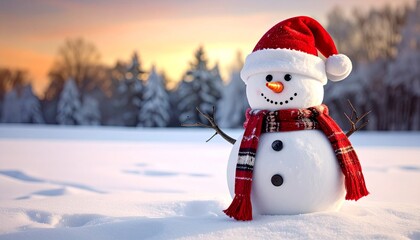 Obraz premium A smiling snowman in Santa hat and checkered scarf standing in snowy sunset landscape with warm glow.