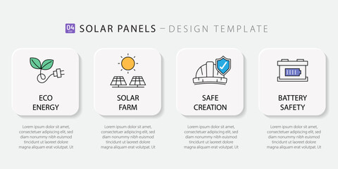 Infographic layout featuring four key concepts of solar power technology: sustainable energy, farm installation, construction safety, and battery storage. 4 option or steps vector illustration.