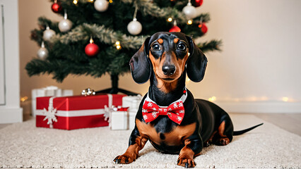 Dackel mit roter Fliege sitzt vor geschm&uuml;cktem Weihnachtsbaum mit Geschenken