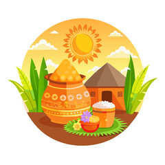 Pongal Festival Vector Illustration with Traditional Pot and Sugarcane