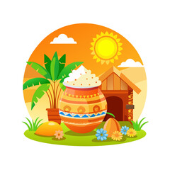 Pongal Festival Vector Illustration with Traditional Pot and Sugarcane
